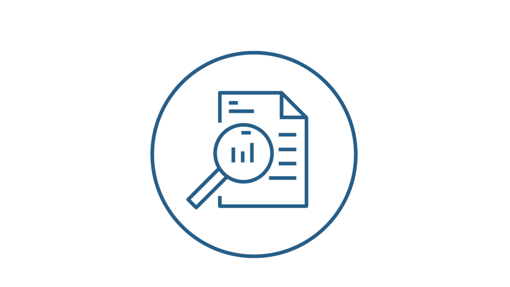Icon of a document with a magnifying glass hovering over it, representing analysis or research, enclosed in a circular border