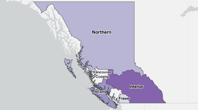 Map of British Columbia displaying health authority regions, outlining boundaries and areas covered by each regional health authority in the province.