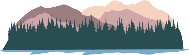 Illustration of a serene landscape with a forest of evergreen trees, a body of water in the foreground, and mountains in the background.